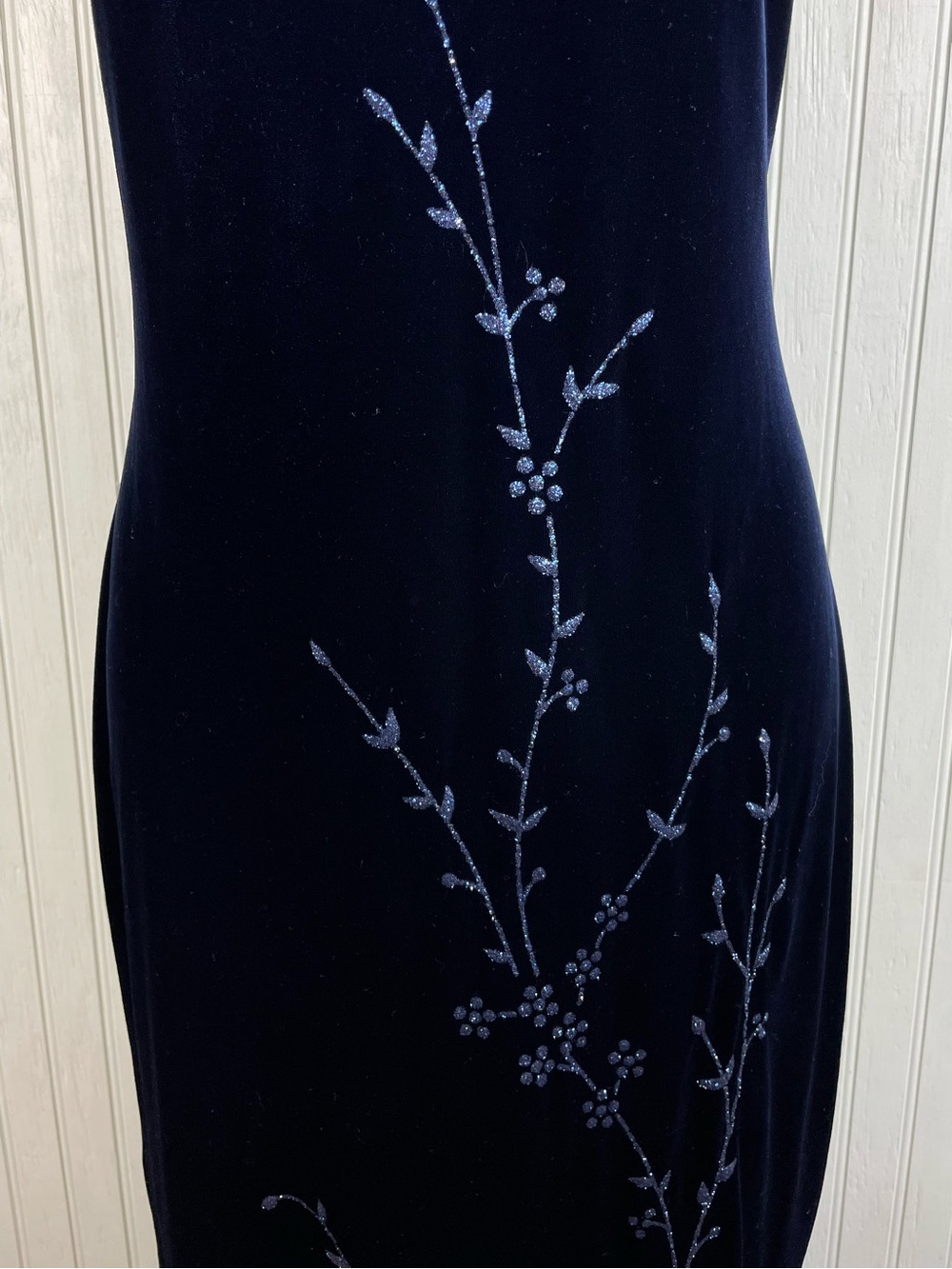Vintage 90s Y2K Deep Blue Velvet Glitter Flower Maxi Dress Whimsigoth Fairycore - Picture 4 of 12